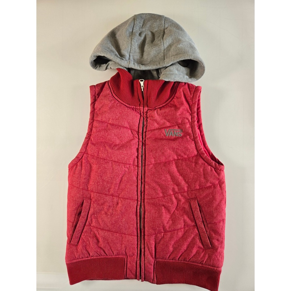 Vans Puffer Vest Womens Small Red Quilted Hooded Zip Up Sleeveless Jacket